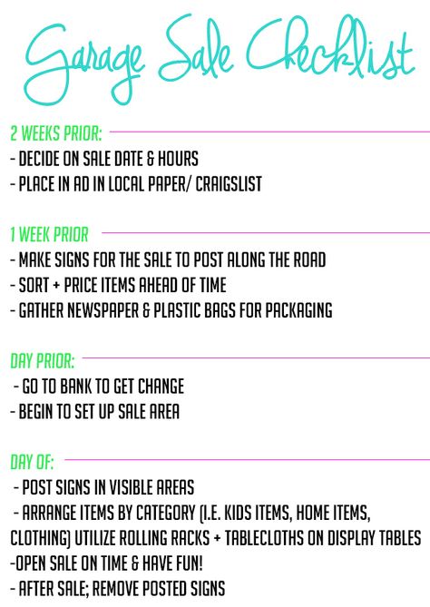 Printable Garage Sale Checklist Yardsale Tips, Successful Garage Sale, Yard Sale Organization, Garage Sale Organization, Garage Sale Tips, Rummage Sale, Getting Ready To Move, Sale Ideas, Yard Sales