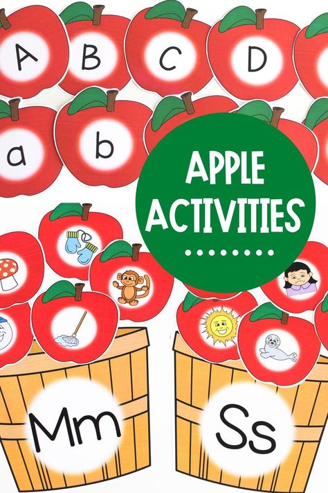 Super fun for fall themed and apple themed alphabet centers! Students learn the letter and sounds of the alphabet by matching the beginning sound of the picture to the letter. Apple Alphabet Activities, Apple Alphabet Match, Apple Theme Kindergarten, Apple Literacy, Apple Alphabet, Alphabet Activities Kindergarten, Alphabet Centers, Literacy Centers Kindergarten, Letters And Sounds