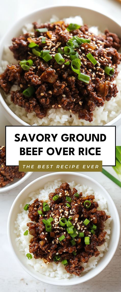 Image for Savory Ground Beef Over Rice Beef Over Rice Recipes, Ground Beef White Rice Recipes, Meat And Rice Dishes, White Rice And Ground Beef Recipes, Asian Ground Beef And Rice, Ground Beef Over Rice, Chinese Ground Beef Recipes, Lunch Ideas With Ground Beef, Wagyu Ground Beef Recipes