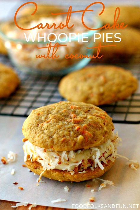 Carrot Cake Whoopie Pies Recipe with Coconut Carrot Cake Whoopie Pies, Cake Whoopie Pies, Carrot Cake Loaf, Whoopie Pie Recipe, Cannoli Cream, Cake Loaf, Cake Mug, Whoopie Pie, Coconut Pie