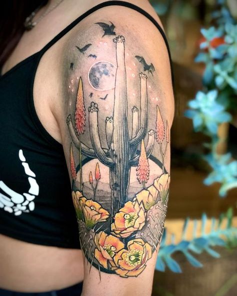 Black And Grey Tattoos With Color, Black And White Tattoo With Pop Of Color, Desert Tattoo Sleeve, Az Tattoo, Friend Tats, Desert Tattoo, Plant Tattoos, Black And White Tattoo, V Tattoo