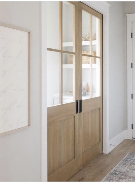 Study Pocket Doors, Pocket Door Between Kitchen And Living Room, Pocket Office Design, Office French Doors Study Wood, Doors To Home Office, White Oak Pocket Doors, Natural Wood Pocket Door, Light Wood French Doors, Pocket Doors Living Room Dining Room