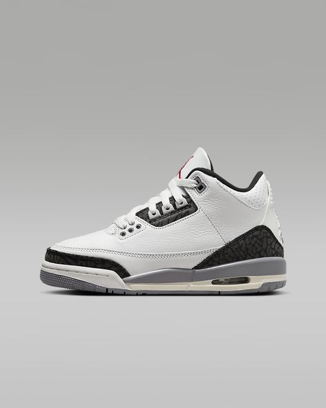 Air Jordan 3 Retro "Cement Grey" Big Kids' Shoes. Nike.com Jordan 3 Cement Grey, Jordan Retro 3, White Cement, Jordan 3 Retro, Air Jordan 3 Retro, Cute Nike Shoes, Cement Gray, Black Fire, Aesthetic Things