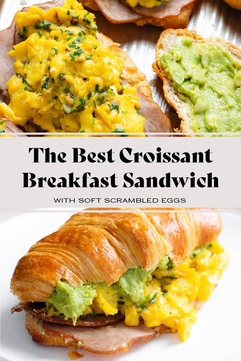 This Croissant Breakfast Sandwich is the perfect combination of the best breakfast foods - turkey bacon, the creamiest soft scrambled eggs, cheddar, and guacamole or mashed avocado. The croissant gets toasted in the oven where the cheddar melts and everything warms up nicely. The perfect savory breakfast or brunch! Turkey Bacon Breakfast Sandwich, Crispy Breakfast Potatoes, Soft Scrambled Eggs, Croissant Breakfast Sandwich, Best Breakfast Foods, Savory Breakfast Recipes, Croissant Breakfast, Toast In The Oven, Vegan Bacon