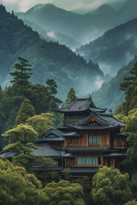 Traditional Japanese house nestled in the lush greenery of a mist-covered mountain, exemplifying the beauty and serenity of Asian architecture in harmony with nature. Japanese Mountain House, Japanese Traditional Architecture, Good Phone Backgrounds, Japan Traditional House, Chinese Background, Japanese Mountains, Traditional Japanese Architecture, Japan Landscape, Japan Architecture