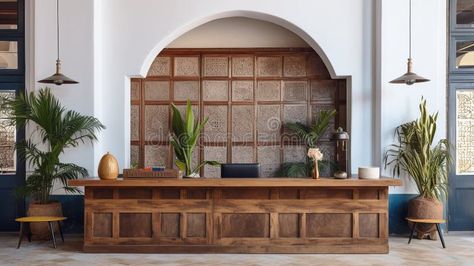 Generative AI, Front desk of boho hotel, reception stock photos Wicker Reception Desk, Hotel Lobby Front Desk, Front Desk Ideas Reception Areas Offices Interior Design, Hotel Front Desk Design, Hotel Reception Desk Design, Boutique Hotel Reception, Boutique Reception, Receptionist Design, Pos Counter