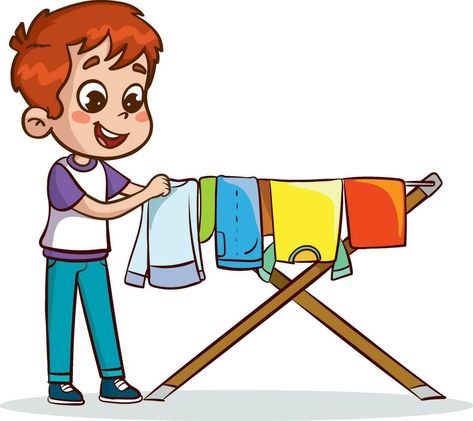 cute children hanging laundry.boy hanging clean washed clothes to dry Hospital Cartoon, Cloth Drawing, Hanging Washing, Beach Cartoon, Hanging Laundry, Childhood Memories Art, Kids Activities At Home, Drawing Kids, English Learning Books