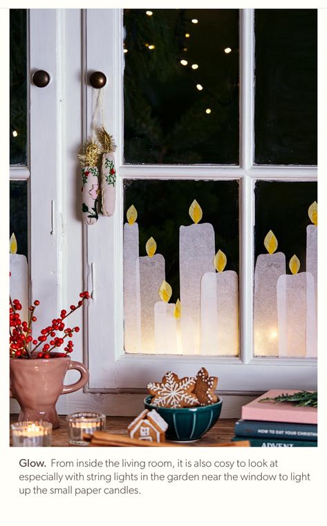 Xmas Decorations Windows, Christmas Decor Ideas Scandinavian, Window Xmas Decorations, Scandinavian Christmas Diy, Xmas Window Decorations, Christmas Window Decoration, Paper Candle, Christmas Window Decorations, Xmas Deco