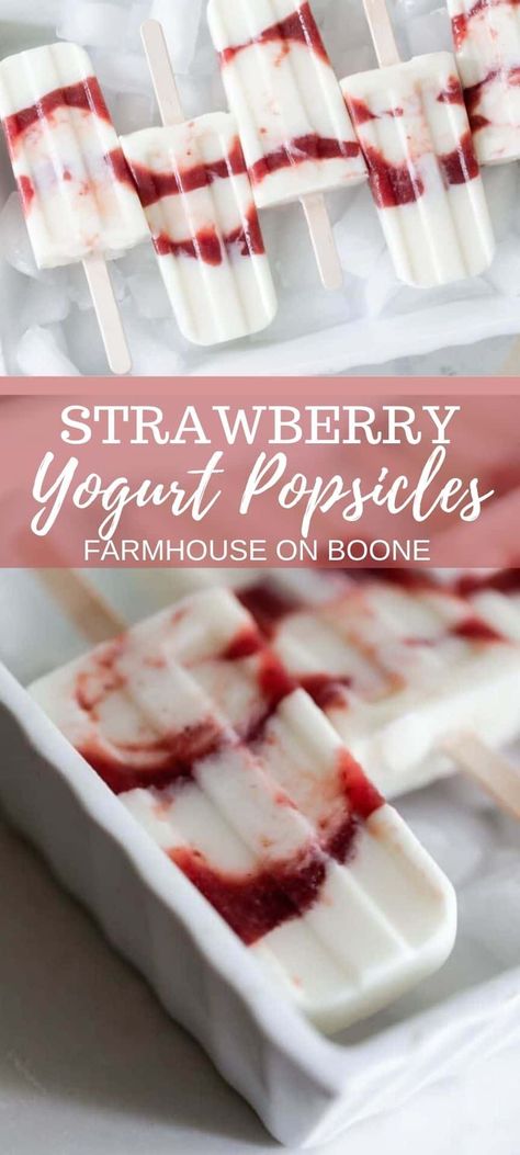 Pop Cycles, Popcicles Recipes, Strawberry Yogurt Popsicles, Frozen Yogurt Popsicles, Frozen Pops, Healthy Popsicle Recipes, Farmhouse On Boone, Strawberry Popsicles, Fro Yo