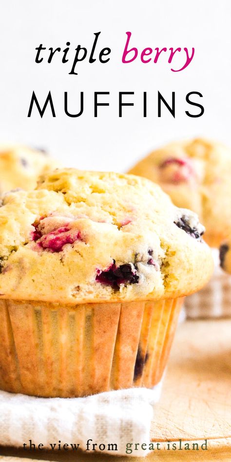 triple berry muffin on a napkin Triple Berry Muffins, Berry Muffin Recipe, Mixed Berry Muffins, Fruit Muffins, The View From Great Island, Berry Muffins, Berries Recipes, Lime Chicken, Blueberry Muffins