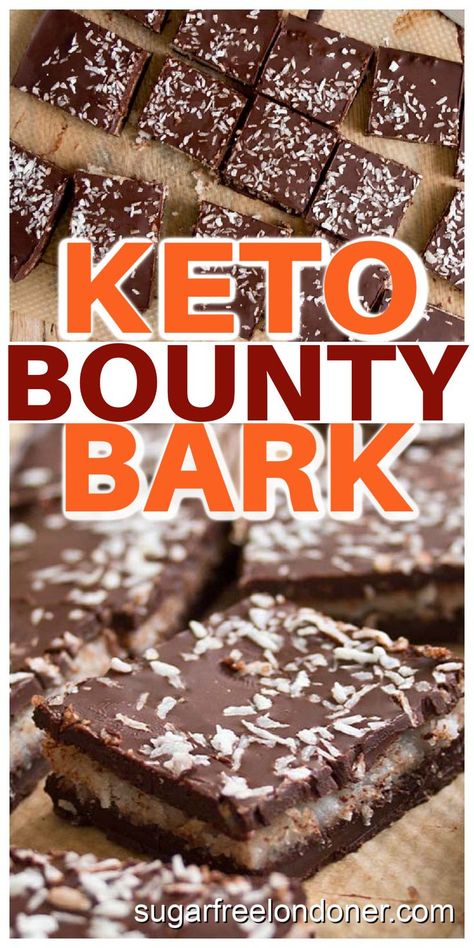 You only need 5 ingredients for this sugar free, keto bounty bar chocolate bark! This easy sugar free dessert is a simple copycat version of Bounty Bars, only without the sugar rush. We're talking luscious dark chocolate with a soft and creamy coconut filling. Only 0.8g net carbs per generous square. Keto Bounty Bars, Mounds Bars Recipe, Mounds Bars, Bounty Bars, Mounds Bar, Sugar Free Desserts Easy, Dark Chocolate Desserts, Coconut Chocolate Bars, Coconut Filling