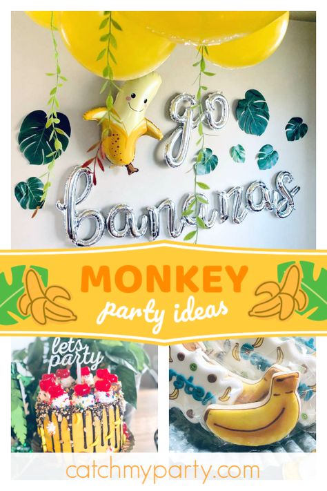 Monkey Party Food Ideas, Lets Go Bananas Birthday, Monkey Second Birthday, Monkey Party Food, Monkey Banana Birthday Party, Monkey See Monkey Two Birthday Party, Banana Party Food, Banana Theme Party, Banana Themed Birthday Party