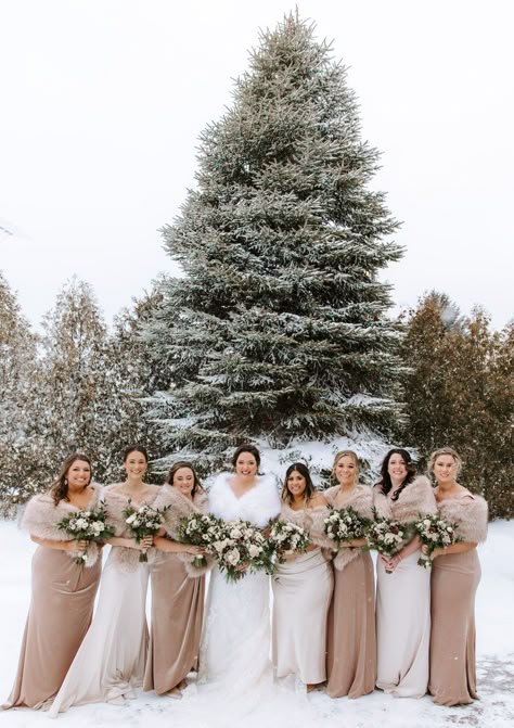 Winter Wedding Dress Bridesmaid, Winter Bridal Party Photos, December Wedding Ideas Winter Bride Dresses, Champagne Bridesmaid Dress Winter, January Wedding Ideas, Christmas Bridesmaid Dresses, Outdoor Winter Wonderland, Winter Wedding Bridal Party, Hotel Walloon