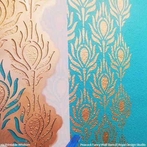 Stenciling is one of the fastest, easiest ways to add pretty pattern to almost any surface. Royal Stencil Cremes are special metallic paint that is designed JUST for the sole purpose of making stenciling even faster, even easier, and even MORE beautiful. These metallic paint colors have a creamy consistency, excellent coverage, and effortless application. Click through this pin to see more metallic DIY decor projects & buy metallic paints for painting & stenciling wall designs... Wash Feather Pillows, Metallic Paint Walls, Metallic Paint Colors, Tree Wall Art Diy, Best Wall Paint, Painted Vinyl Floors, Royal Design Studio Stencil, Painted Vinyl, Paint Wall