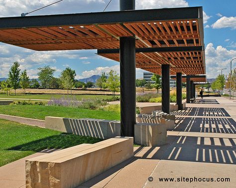 Wood and steel pergola structure at Belmar in Lakewood, Colorado.  www.sitephocus.com White Pergola, Small Pergola, Pergola Pictures, Steel Pergola, Pergola Swing, Covered Walkway, Modern Pergola, Pergola Attached To House, Wood Pergola