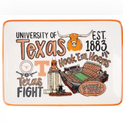 Go Horns! Show off all of Texas' iconic landmarks with this trinket tray! From Darrell K Royal Stadium to the Texas Tower, this tray is perfect for your keys or jewelry and would be perfect for a dorm room! Original Design Dimensions: 8" x 5" Hand wash only. Sorority Tailgate Decorations, Texas Illustration, Sorority Signs, Dorm Canvas Art, Dorm Canvas, College Canvas Art, Red River Rivalry, Texas Icons, Tailgate Decorations