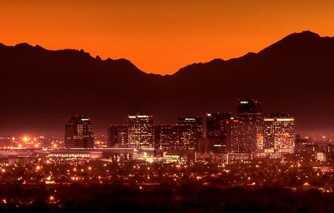 Phoenix, Arizona. I would say the best time to go would be winter time.....but they have no winter time. My mistake was going there in August. Freaking hot at 120 degrees and it was midnight. Phoenix Arizona Aesthetic, Dream Roadtrip, Phoenix Skyline, Arizona Aesthetic, City View Night, Phoenix Images, Arizona City, Lowrider Art, Vintage Arizona