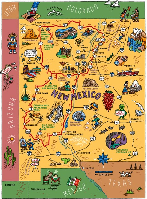 New Mexico Trip for Sunset Magazine New Mexico Tattoo, Eminent Domain, Hand Drawn Maps, New Mexico Vacation, New Mexico Map, Maps Posters, New Mexico Road Trip, New Mexico History, Travel New Mexico