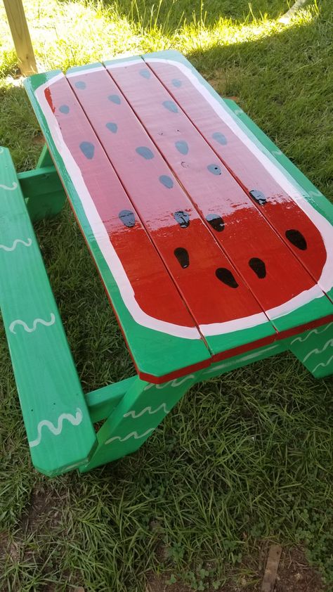 Watermelon Furniture, Painted Picnic Table, Snowball Stand, Watermelon Truck, Painted Picnic Tables, Watermelon Picnic, Watermelon Festival, Rustic Kitchen Tables, Kids Picnic Table