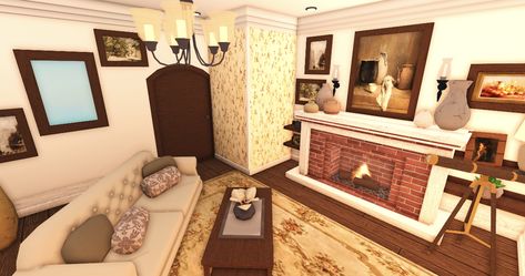 vintage bloxburg living room roblox aesthetic Bloxburg Living Room Vintage, Rustic Bloxburg Living Room, Vintage Bloxburg Room, Vintage Bloxburg, Bloxburg Fireplace, Living Room Bloxburg, Bloxburg Vintage House, Vintage Bloxburg House, 1980s Living Room