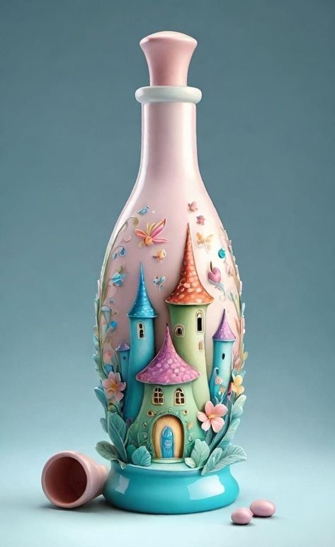 Bottle Clay Art, Hand Painted Bottles, Bottle Craft, Clay Houses, Art Of Glass, Altered Bottles, Fairy Garden Houses, Green Bottle, Jar Diy