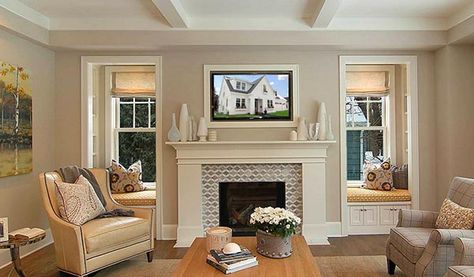 Living room fireplace with side seating #fireplacemantel #fireplace #mantel #homedecor #decorhomeideas Fireplace Between Windows, Room Layout With Fireplace, Living Room Layout With Fireplace, Fireplace Windows, Fireplace Mantel Designs, Fire Wall, Fireplace Diy, Classic Fireplace, Mantel Ideas