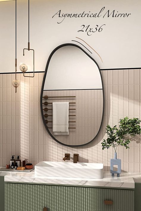 CHARMOR 21x36 Irregular Wall Mirror, Black Asymmetrical Mirror for Wall, Modern Black Framed Mirror, Decorative Wall Mirror for Living Room Bedroom Bathroom Entryway, Blob Mirror, Mirror Ideas Camp Bathroom, Washbasin Ideas, Sink Styles, Black Framed Mirror, Master Bath Mirror, Blob Mirror, Bush Camp, Funky Bathroom, Moody Bathroom