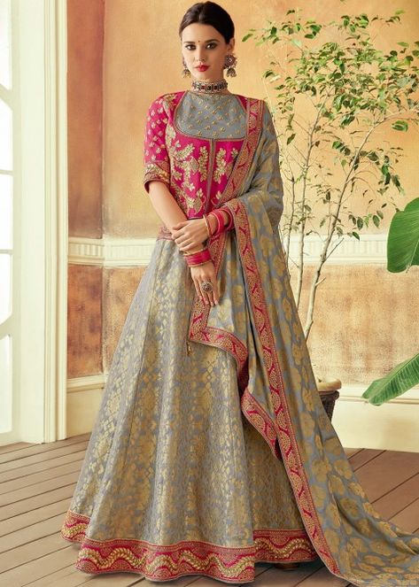 Brocade Lehenga Choli Long Choli Lehenga, Grey Lehenga, Choli Blouse Design, Choli Design, Brocade Lehenga, Long Blouse Designs, Rajasthani Dress, Indian Wedding Lehenga, Rajputi Dress