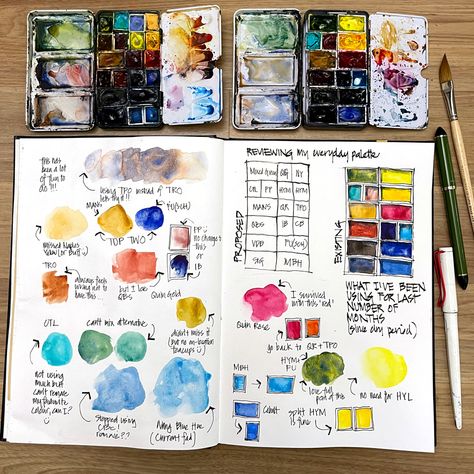 Reviewing my everyday palette - Liz Steel : Liz Steel Watercolour Swatches, Watercolour Palette, Travel Sketching, Liz Steel, Mixing Colours, Art Notebook, Watercolor Art Journal, Mixing Colors, Watercolor Mixing