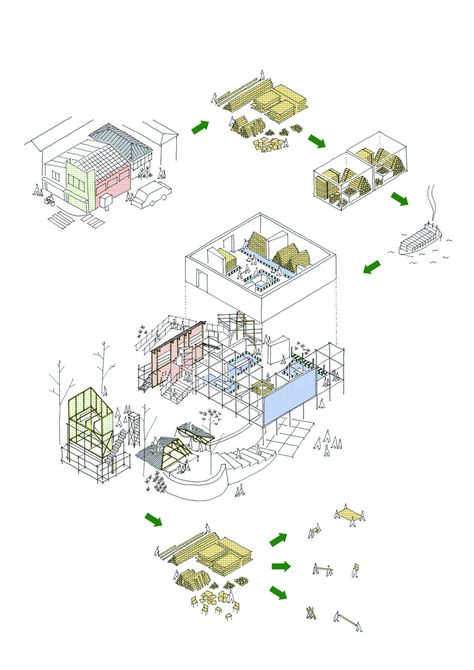 Japanese Pavilion, Old Japanese House, Axonometric Drawing, Wooden Architecture, Kengo Kuma, Architecture Concept Drawings, Architectural Drawing, Venice Biennale, Diagram Architecture