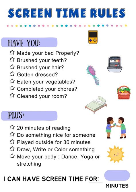 This Learning & School item by DigitalAbundanceC has 49 favorites from Etsy shoppers. Ships from United States. Listed on Apr 30, 2024 Screentime Checklist, Screen Time Chart, Uppfostra Barn, Chore Rewards, Interaktives Design, Screen Time Rules, Kids Chores, Chore Charts, Printable Chore Chart