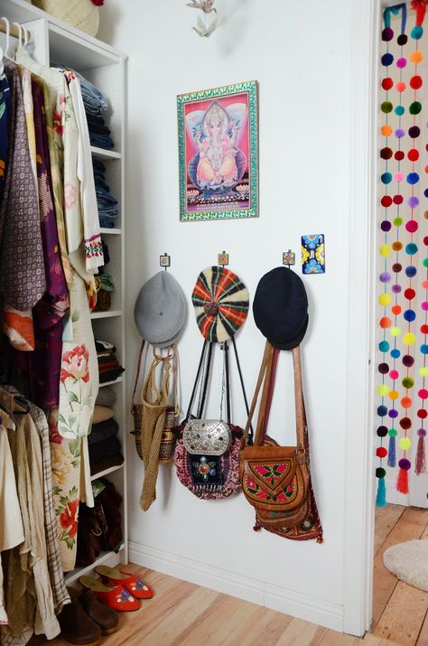 The closet storage was built using BILLY bookcases from IKEA. Vintage Dressing Rooms, Whitewashed Brick, Billy Bookcases, Chic Loft, San Francisco Houses, Hippy Room, Idea Room, House Apartment, Closet Room