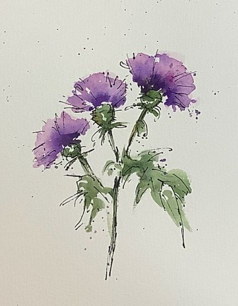 Pen And Wash Watercolour, Painting Easy Tutorial, Watercolor Techniques Tutorial, Thistle Painting, Watercolour Techniques, Pen And Wash, Watercolor Flowers Tutorial, Watercolor Beginner, Colour Mixing