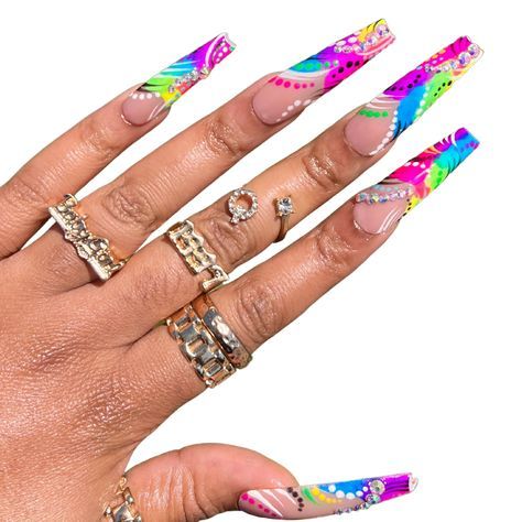 Aesthetic Christmas Nails, Bright Acrylic Nails, Nail Designs Bling, 90s Nails, Back To The 90's, Nails Rainbow, Gold Acrylic Nails, Nails Design With Rhinestones, Dope Nail Designs