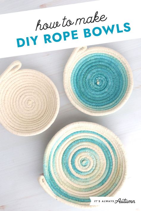 Making Rope Baskets, How To Make Rope Baskets Diy, Homemade Baskets Diy, Homemade Rope Basket, Basket Weaving Diy Tutorials, How To Make Baskets, Diy Rope Bowl How To Make, Rope Basket Ideas, How To Make Fabric Bowls Diy