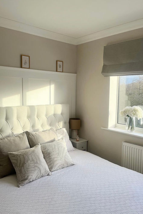 Panelled to perfection bedroom featuring one of our stunning Roman blinds fitting outside the recess for a luxe look! Roman Blind Outside Recess, Roman Blind With Pelmet, Bedroom Roman Blinds, Stairway Window, Bedroom Wall Panelling, Roman Blinds Bedroom, Blinds Bedroom, Staircase Window, Bedroom Blinds