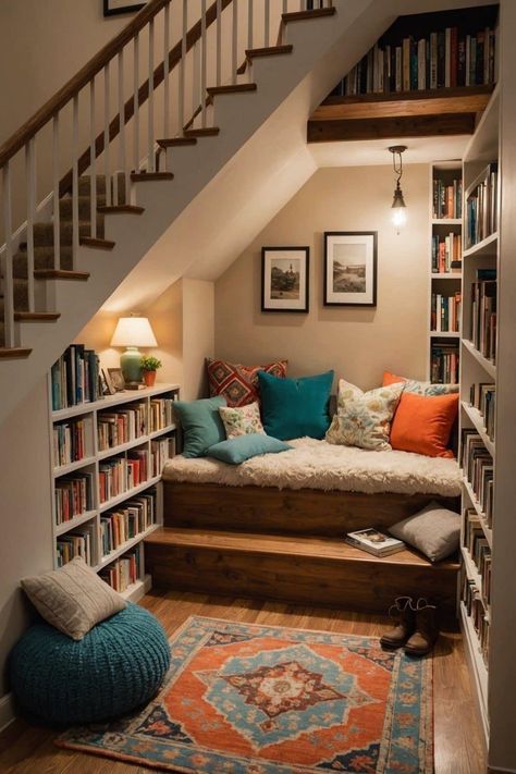 Home Library Nook, Library Nook, Stair Nook, Cozy Home Library, Home Library Rooms, Dream Library, Home Library Design, Dream House Rooms, Home Libraries