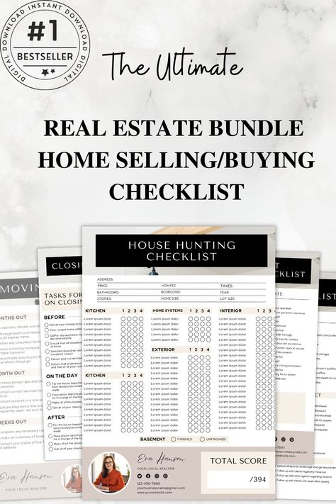 Buyer Seller Checklist Template Bundle For Realtors seller Buyer questionnaire closing day checklist House hunting check list Pre-listing House Hunting Checklist, Day Checklist, Home Realtors, Real Estate Closing Gifts, Real Estate Advertising, Closing Day, Airbnb Rentals, Real Estate Templates, Checklist Template