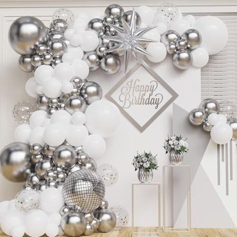 White Silver Balloon Garland, Silver Balloon Garland, Silver Disco Ball, Disco Birthday, Spring Party Decorations, Disco Birthday Party, Disco Party Decorations, Daisy Party, 50 & Fabulous