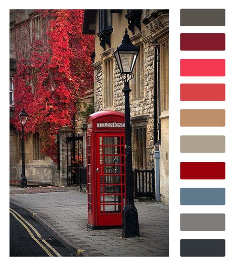 Colour palette inspired by Oxford London Colour Palette, English Colors Palette, London Color Palette, English Color Palette, England Moodboard, English Colours, London Telephone Booth, 1960s London, England Aesthetic