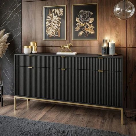 Black And Gold Salon, Black And Gold Office, Industrial Style Interior, Sophisticated Furniture, Gold Rooms, Black Drawers, Gold Living Room, Dressing Table Mirror, Gold Interior