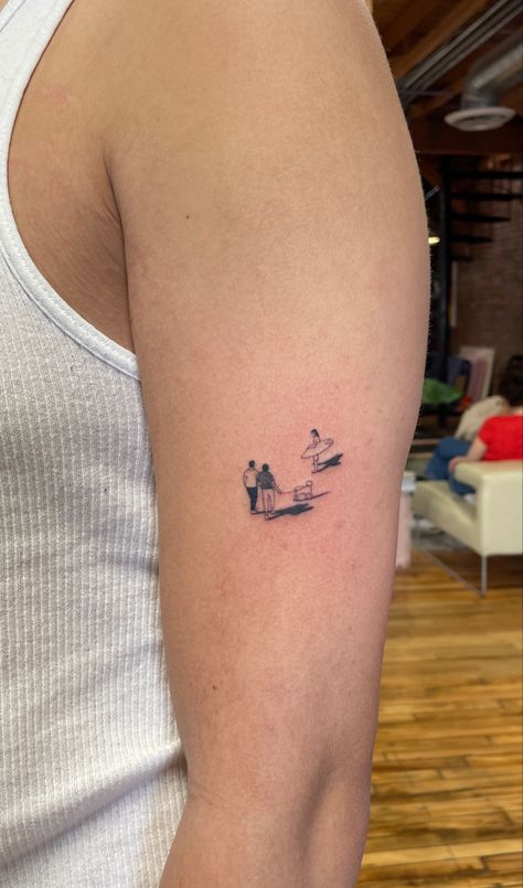 Dog On Skateboard Tattoo, Tiny People Walking Tattoo, Mini People Tattoo, Tattoo Dog Silhouette, People Walking Tattoo, Dog In Frame Tattoo, Small Picture Tattoos, Stick People Tattoo, Walking Dog Tattoo