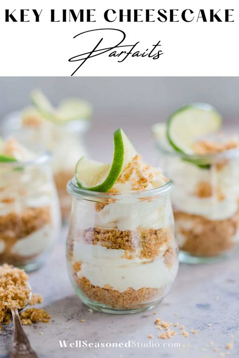 No bake key lime cheesecake parfaits are the absolute quickest, tastiest dessert of summer! Graham cracker crumbs are layered between cool and creamy key lime cheesecake filing. Absolute heaven! #cheesecake #cheesecakeparfaits #parfaits #limeparfaits #wellseasonedstudio #delicious @wellseasonedstudio | wellseasonedstudio.com No Bake Key Lime Cheesecake, Key Lime Parfait, No Bake Key Lime, Lime Desserts, Cheesecake Parfaits, Key Lime Cheesecake, Lime Cream, Lime Cheesecake, Dessert In A Jar