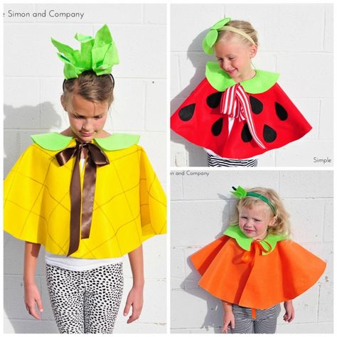 Halloween Fruit Capes by @simplesimonco | Pineapple Costume | Kids Strawberry Costume Fruits Costume, Diy Fruit Costume, Nutrition Month Costume, Spring Costume, Pineapple Costume, Kotak Bento, Strawberry Costume, Diy Cape, Fruit Costumes