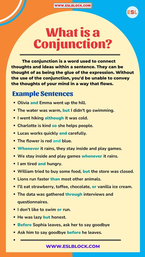 What is a Conjunction in English Grammar? - English as a Second Language Conjunction Example Sentences, Subordinating Conjunctions Anchor Chart, Conjunction Chart, Conjunction Examples, Subordinating Conjunctions Worksheets, Teaching Conjunctions, Conjunctions Activities, Conjunctions Anchor Chart, Correlative Conjunctions