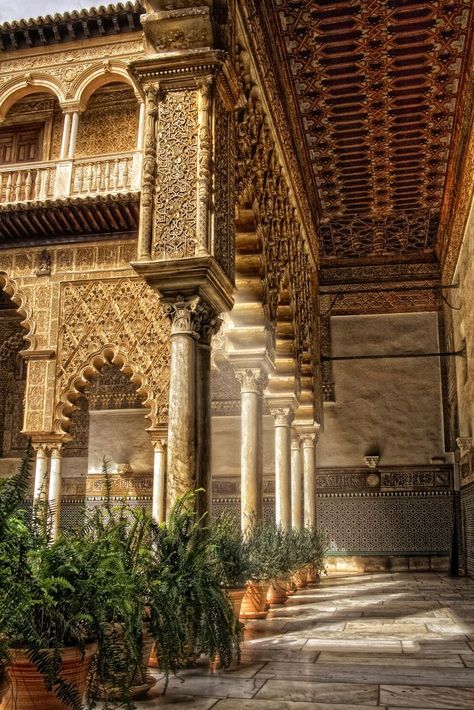 Patio de las Doncellas. The name, meaning "The Courtyard of the Maidens", refers to the legend that the Moors demanded 100 virgins every year as tribute from Christian kingdoms in Iberia. Reales Alcázares de Sevilla (Royal Alcazars of Seville), the oldest royal palace still in use in Europe. #Spain Moorish Architecture, Magic Places, A Kind Of Magic, Al Andalus, Indian Architecture, Spain And Portugal, Ancient Architecture, Islamic Architecture, Andalusia