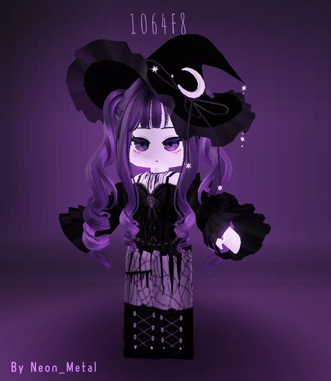 Witch Outfit Codes Bloxburg, Cute Roblox Halloween Outfits, Purple Hair Roblox Avatar, Purple Roblox Avatar Ideas, Halloween Roblox Avatar Code, Roblox Halloween Outfits Ideas, Purple Roblox Outfits, Cute Halloween Roblox Avatars, Roblox Purple Outfit Codes