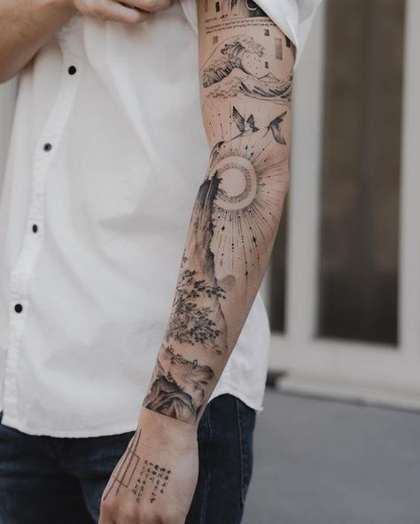 Masculine Tattoo Sleeves, Colorado Themed Tattoos, Nature Tattoo Ideas Women, Underground Tattoo Ideas, Background Tattoo Design, Natur Tattoo Arm, Full Hand Tattoo, Nature Tattoo Sleeve, Geometric Sleeve Tattoo