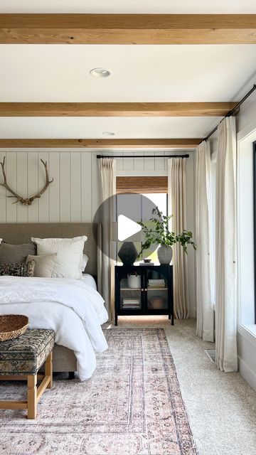 Bedroom With Beams On Wall, Faux Beams Bedroom, White Oak Beams, Oak Beams, French Country Modern, Cabin Bedroom, Faux Beams, Country Modern, Curtains Living