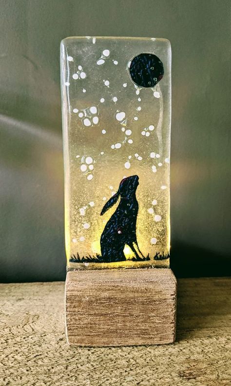 Hare and Moon Candle Holder. Fused glass set in reclaimed wood. Kiln Glass Art, Moon Candle Holder, Fused Glass Candle Holder, Moon Candle, Glass Floats, Glass Candle Holder, Led Candle, Bird On Branch, Glass Christmas Tree